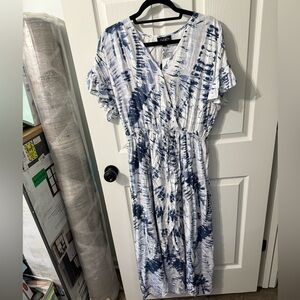 Blue and White V-Neck Flutter Sleeve Maxi Dress